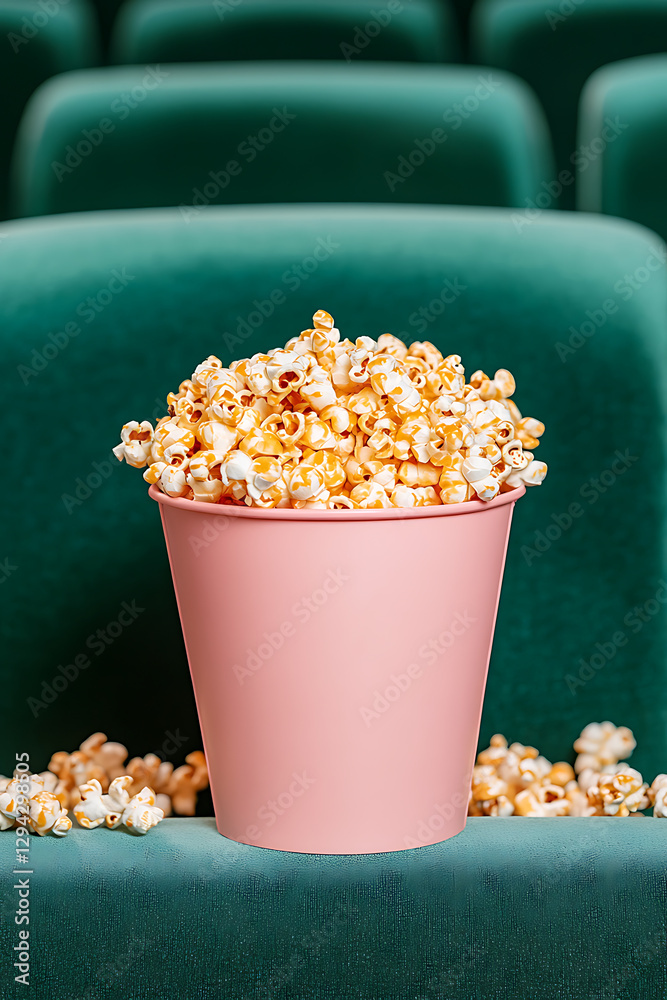 Movie time treat: a brimming bucket of sweet popcorn sits amidst plush, green velvet seats, hinting at a classic cinematic experience. Sweet and salty delight! Movie time treat: a brimming bucket of sweet popcorn sits amidst plush, green velvet seats, hinting at a classic cinematic experience. Sweet and salty delight!