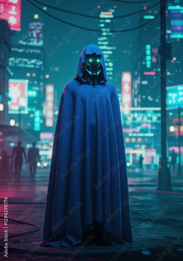Naklejka premium Futuristic hooded figure in neon-lit cyberpunk cityscape at night
