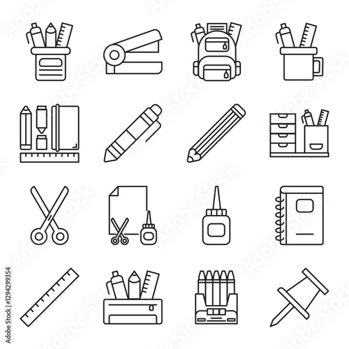 school supplies set of web icons in line style. school, supplies, stationery, pencils, notebooks and backpack. Vector illustration