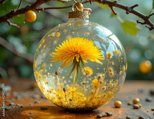 Resin-encased dandelion ornament featuring floating seed parachutes, evoking childhood nostalgia and the delicate beauty of nature's design. photo