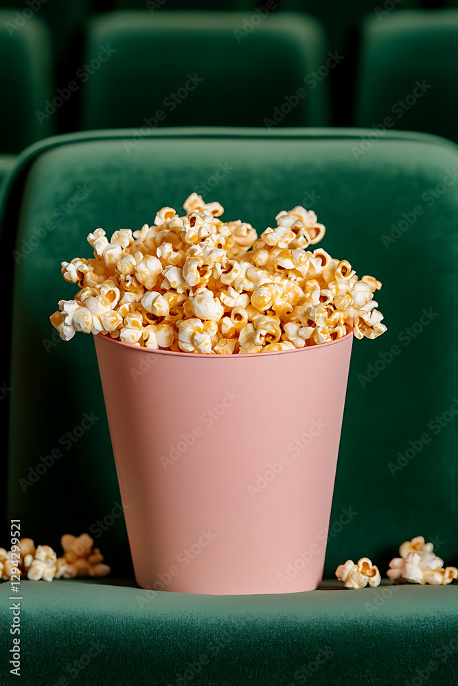 Enjoy a classic treat! A pink bucket overflowing with crunchy popcorn, set against the plush green of movie theater seats. The perfect viewing snack.