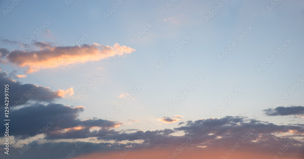 Fototapeta premium blue sky background with lighted cloud and pink shine from sundown, copy space right side