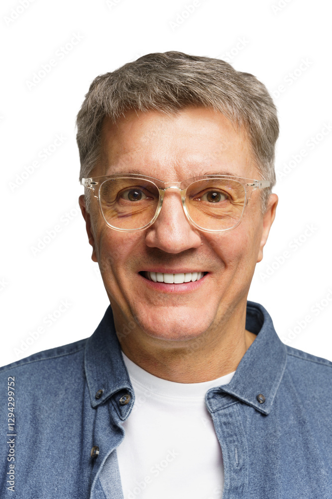 Man with glasses smiling in denim jacket against plain white background expressing happiness Man with glasses smiling in denim jacket against plain white background expressing happiness