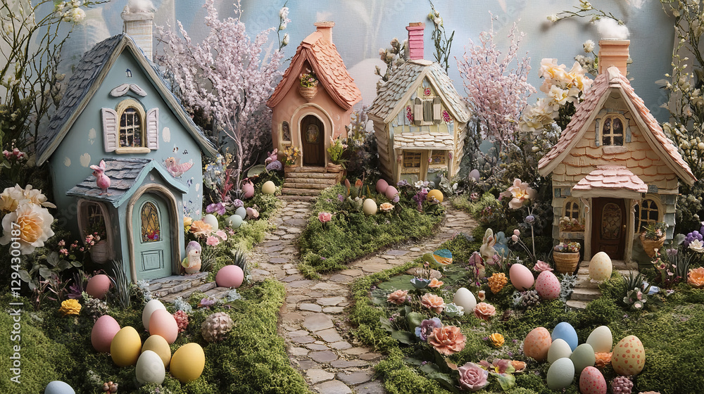 Fototapeta premium Whimsical Easter village with tiny cottages and colorful eggs