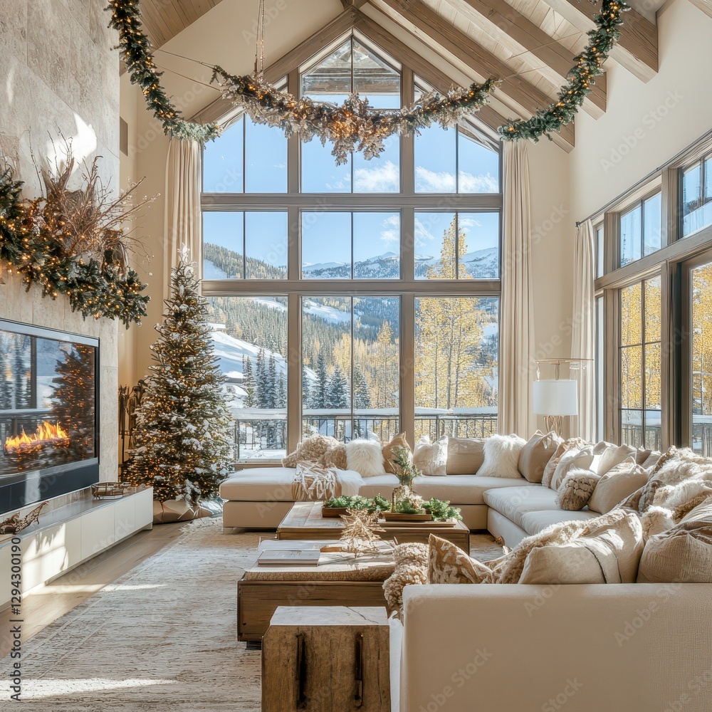 Fototapeta premium Living room features a luxurious cozy mountain style aesthetic