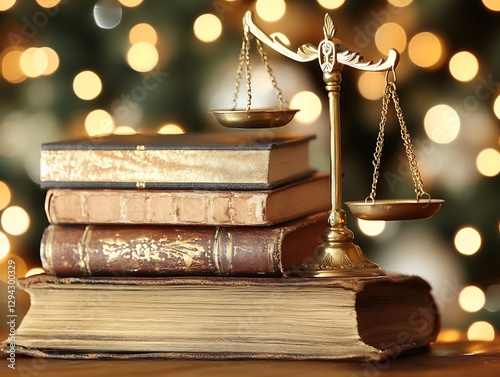 Justice scales & old law books, festive lights
