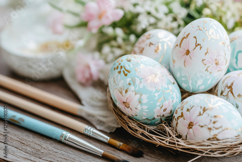 Hand painted easter eggs in a nest with paint brushes and flowers photo