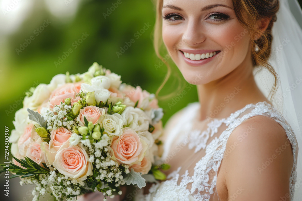 Naklejka premium Smiling bride holding wedding bouquet with peach and white roses