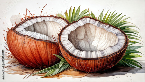 Tropische Kokosnuss – Aquarellmalerei einer exotischen Frucht