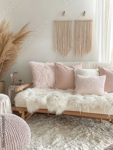 Beautiful Daybed Adorned With Soft White Fluffy Cushions and Accessories photo