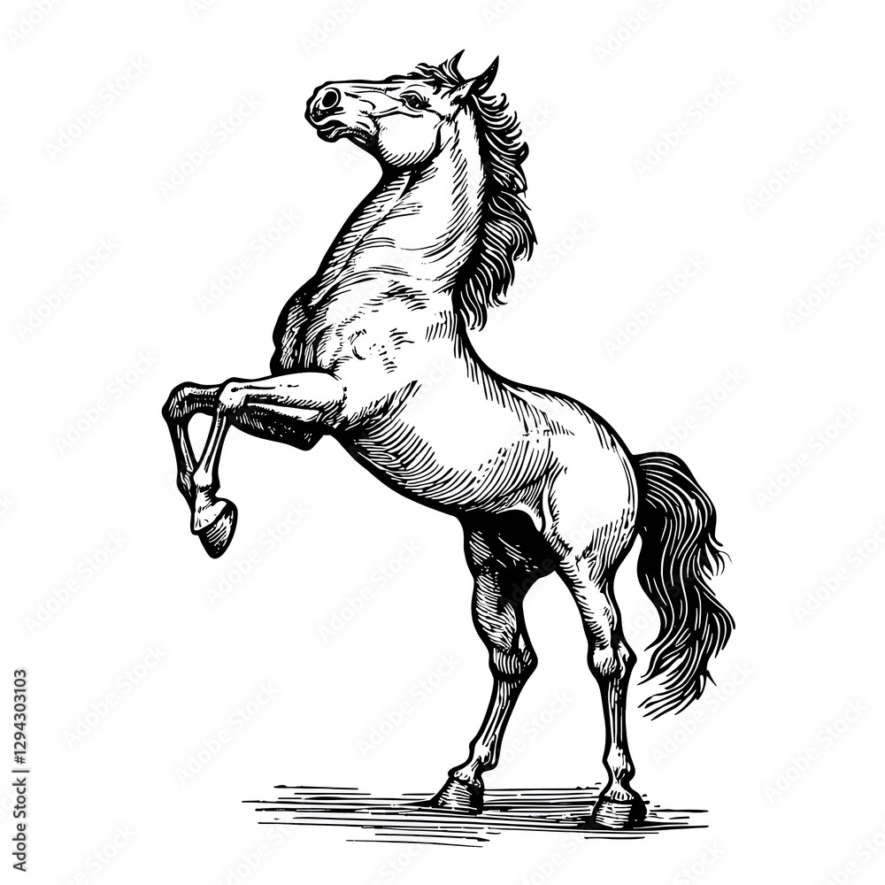 Majestic Arabian horse rearing on its hind legs illustrated in an intricate woodcut engraving style The fine linework and shading create a vintage etching effect isolated on a white background