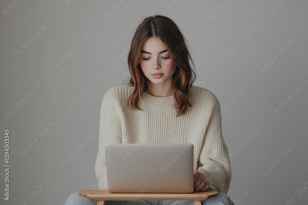 Fototapeta premium Young woman in cream sweater focused on her laptop, working from home.