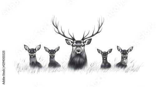 Majestic Family of Deer in a Naturalist Forest Clearing A tranquil monochrome pen and ink style drawing depicting a group of deer in a serene woodland environment