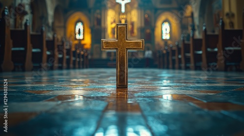 Golden cross in a church aisle, religious ceremony background