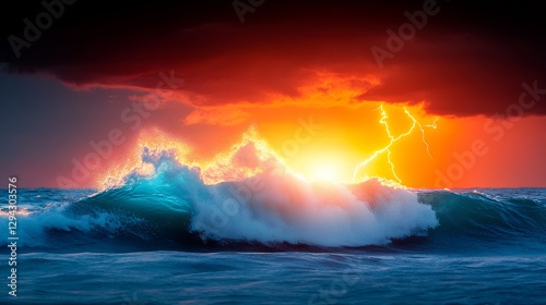 Ocean Wave Crashing During Fiery Sunset