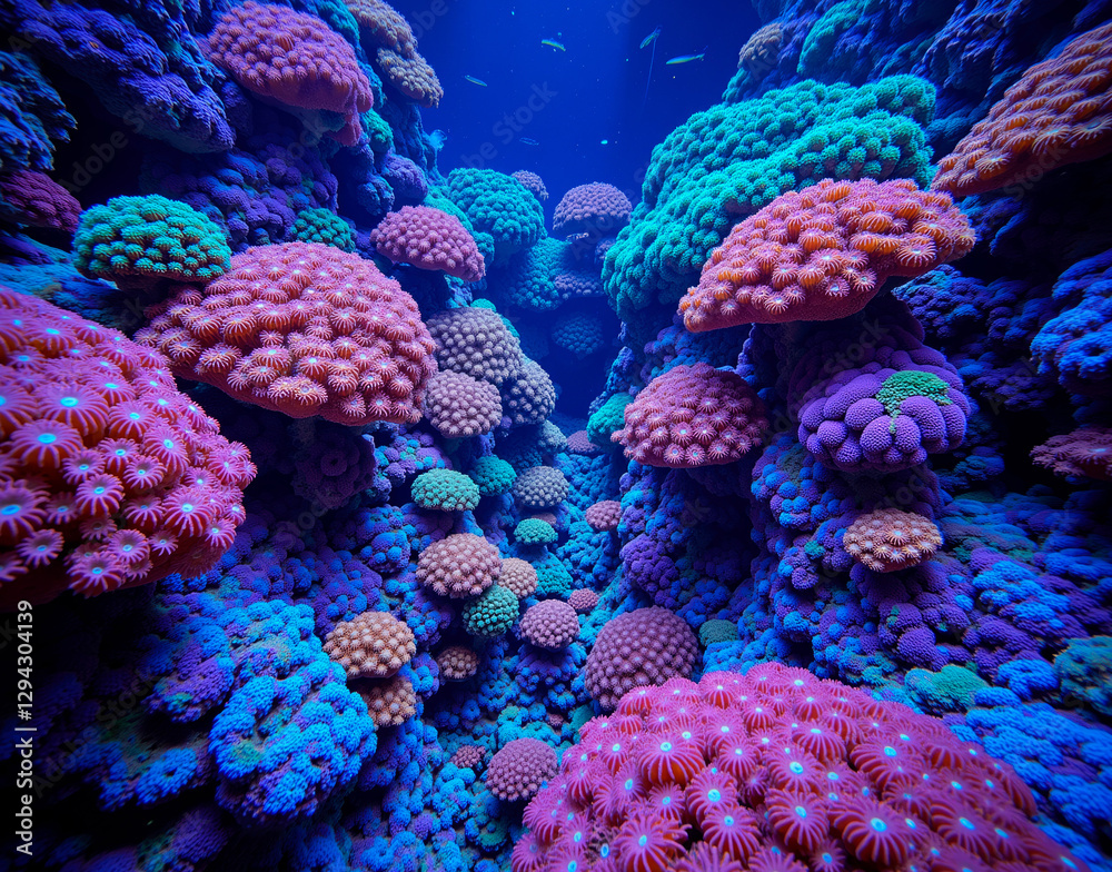 Obraz premium Prismatic coral reef tessellation with UV-reactive polyps, forming a vibrant underwater kaleidoscope of marine hues.