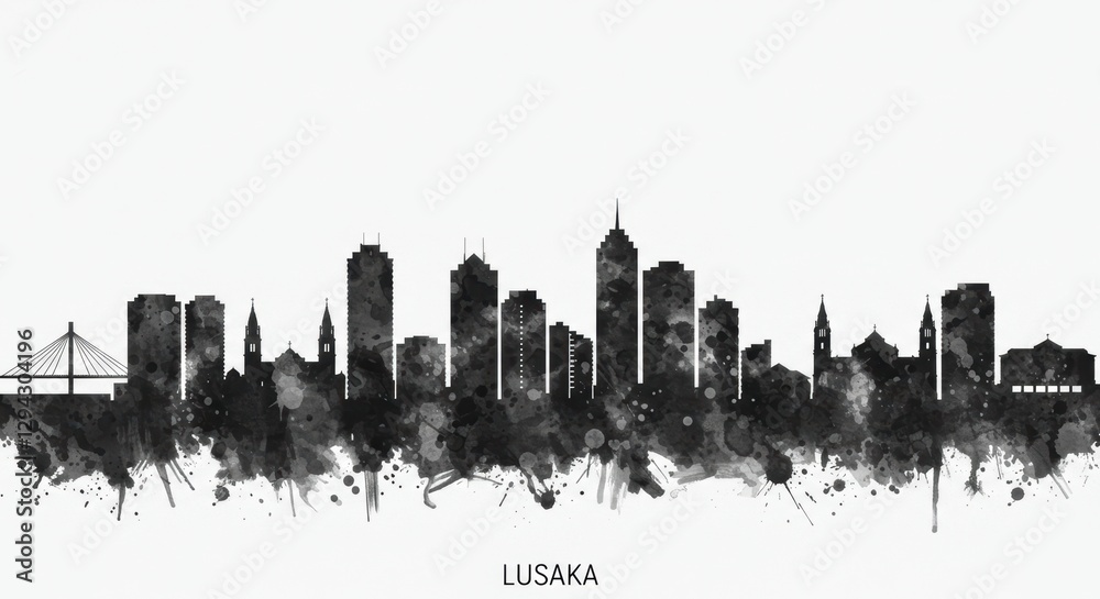 Obraz premium Lusaka skyline silhouette with artistic ink splashes