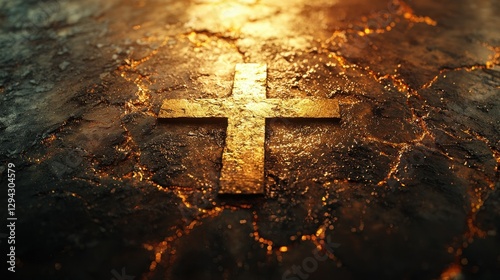Golden cross on fiery cracked earth. Background of hellish heat.  Use Religious, faith, devotion