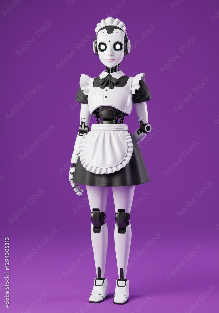 Futuristic robot maid with classic attire on vibrant purple background Futuristic robot maid with classic attire on vibrant purple background