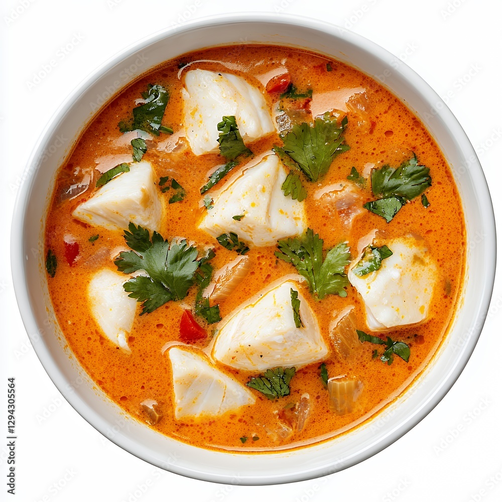 Orange Seafood Stew with White Fish Chunks Herbs in a Bowl Studio Shot Orange Seafood Stew with White Fish Chunks Herbs in a Bowl Studio Shot