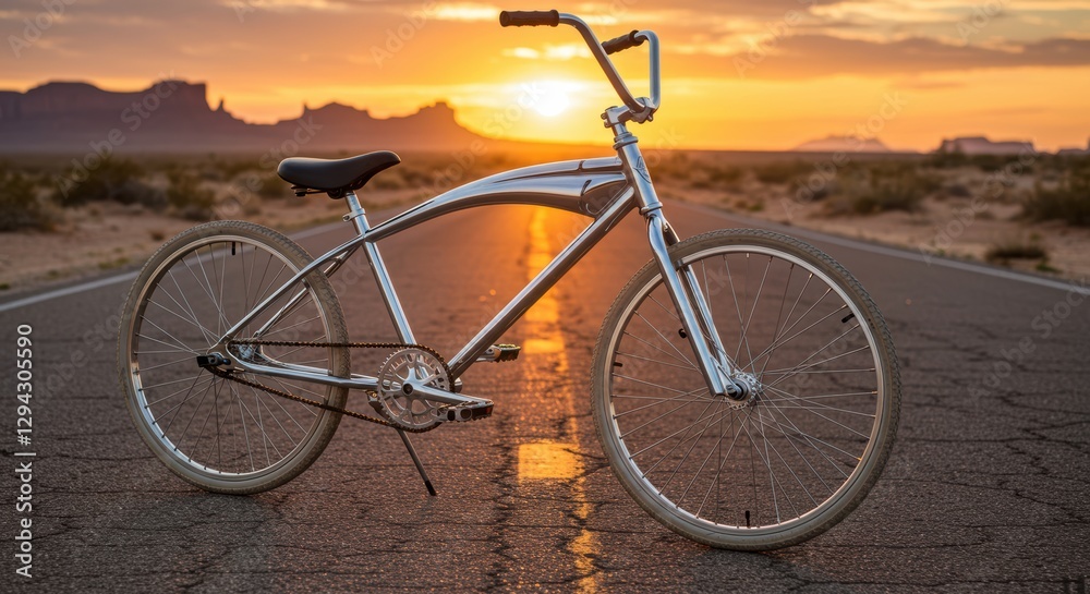 Fototapeta premium Retro bicycle on desert road at sunset with striking silhouette and colorful sky