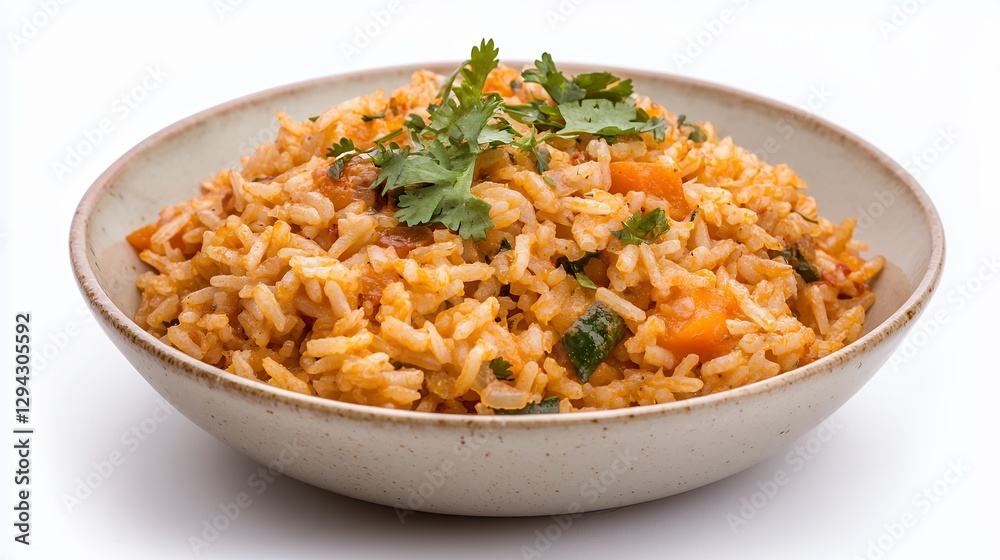 Orange Rice Pilaf with Cilantro Garnish in Beige Bowl Orange Rice Pilaf with Cilantro Garnish in Beige Bowl