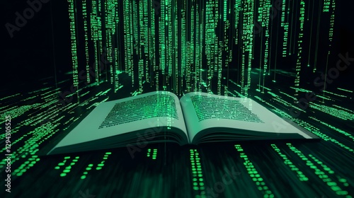 Mystical book opening to reveal a holographic universe with data particles flowing like cosmic energy