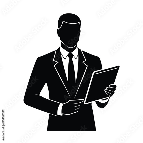 Skilled businessperson silhouette confidently holds digital tablet showcasing interactive corporate insights