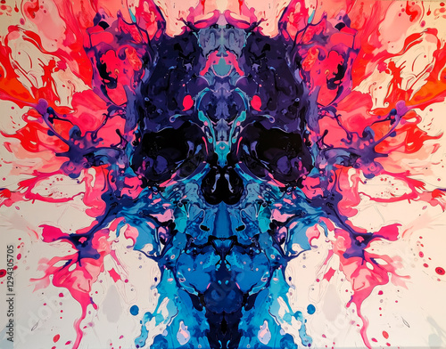 Holographic ink blot Rorschach with shifting psychological gradients, showcasing the abstract textures of a modern RD lab environment.