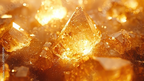 Golden crystals, sunlight, close-up, glittering background