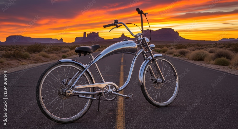 Obraz premium Vintage bicycle on desert road at sunset with vibrant sky in monument valley