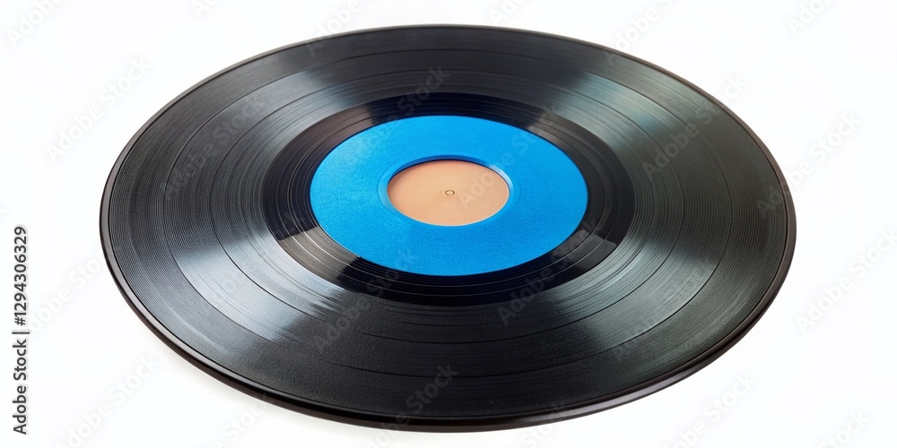 Retro 7-inch Vinyl Record, Blue Label, 1970s Music, Analog Disc, White Background Retro 7-inch Vinyl Record, Blue Label, 1970s Music, Analog Disc, White Background