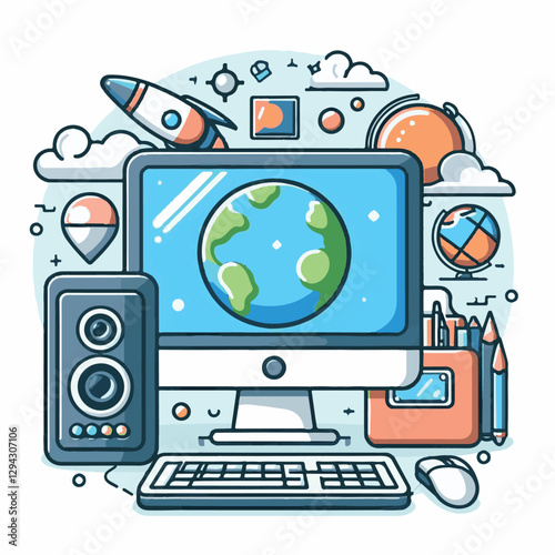 computer, technology, digital, business, communication, laptop, tech, device, design, pc, work, internet, office, web, desktop, monitor, employee, information, modern, data, electronic, vector, backgr