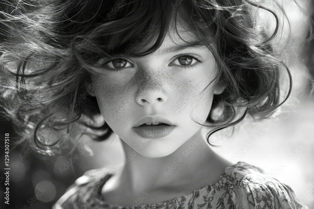 A black and white portrait of a freckled girl with windblown curly hair, showing innocence and natural beauty. A black and white portrait of a freckled girl with windblown curly hair, showing innocence and natural beauty.