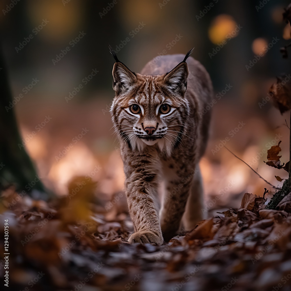Naklejka premium Lynx Walking Autumn Forest Path