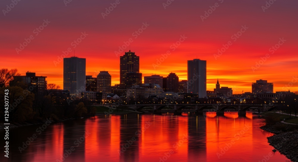 Fototapeta premium Vibrant city skyline against a stunning red sunset reflecting in a river