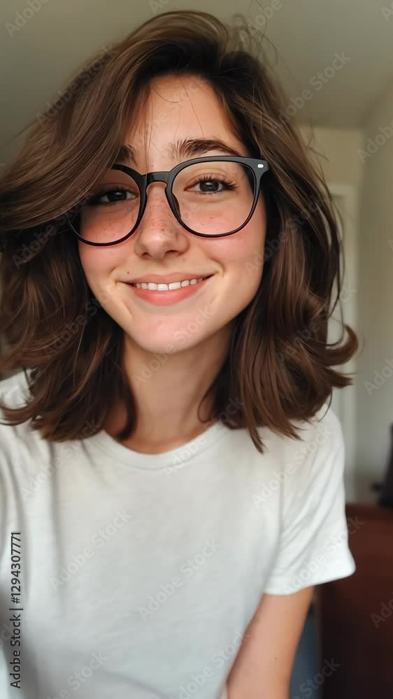Smiling young woman with glasses enjoying a moment at home during daytime Smiling young woman with glasses enjoying a moment at home during daytime