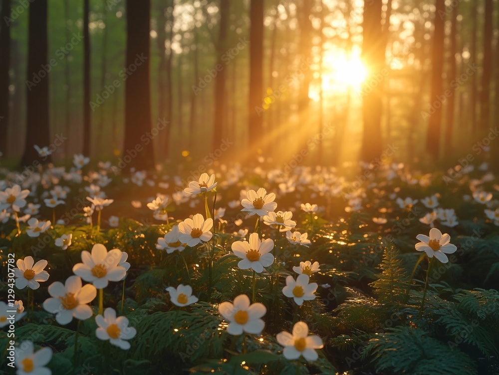 Obraz premium Spring equinox, first sun rays illuminating blooming flowers in magical forest. Generative ai ilustration
