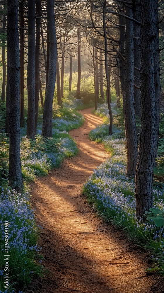 Fototapeta premium Winding woodland trail through pine forest in golden morning sunlight of spring. Generative ai ilustration