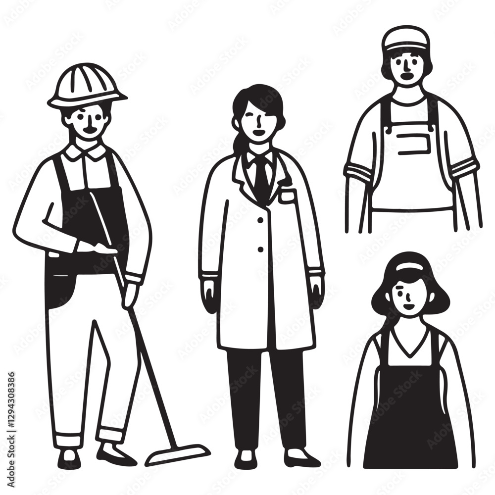 Jobs and professions set vector illustrations. People in uniforms, different occupations, work. Worker, doctor, chef, farmer, businessman, cleaner and maid. Jobs and professions set vector illustrations. People in uniforms, different occupations, work. Worker, doctor, chef, farmer, businessman, cleaner and maid.