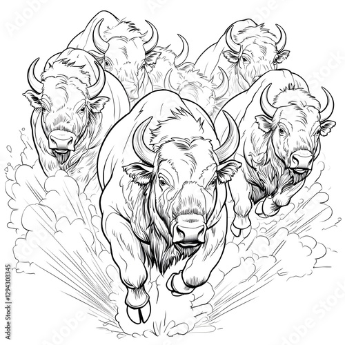 Powerful herd of bison charging through a dusty prairie in a bold dynamic ink highlighting their rugged energy and raw force in motion