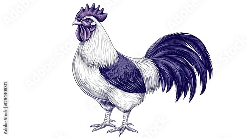 Proud Barnyard Rooster Standing in Detailed Etching Style with Sharp Linework and Graphic Monochrome Design