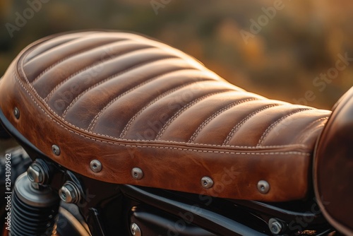 Close-up of a brown leather motorcycle seat with stitched detailing, showcasing its handcrafted quality and vintage aesthetic.