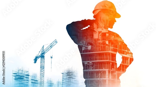 Silhouetted construction worker standing in the foreground overseeing the electrical systems and wiring on a bustling construction site  The image is dominated by electric blue tones