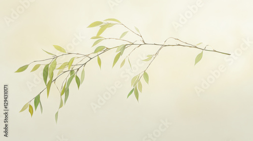 A willow branch with delicate stems and fresh, tender green leaves, captured in a serene spring atmosphere.