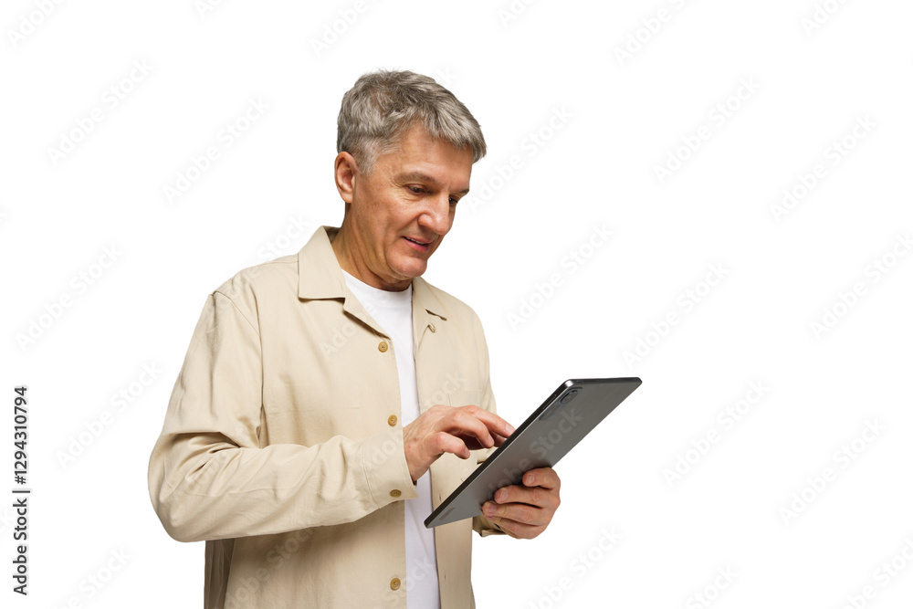 Senior man using a tablet while standing against a plain white background, focused on digital task Senior man using a tablet while standing against a plain white background, focused on digital task