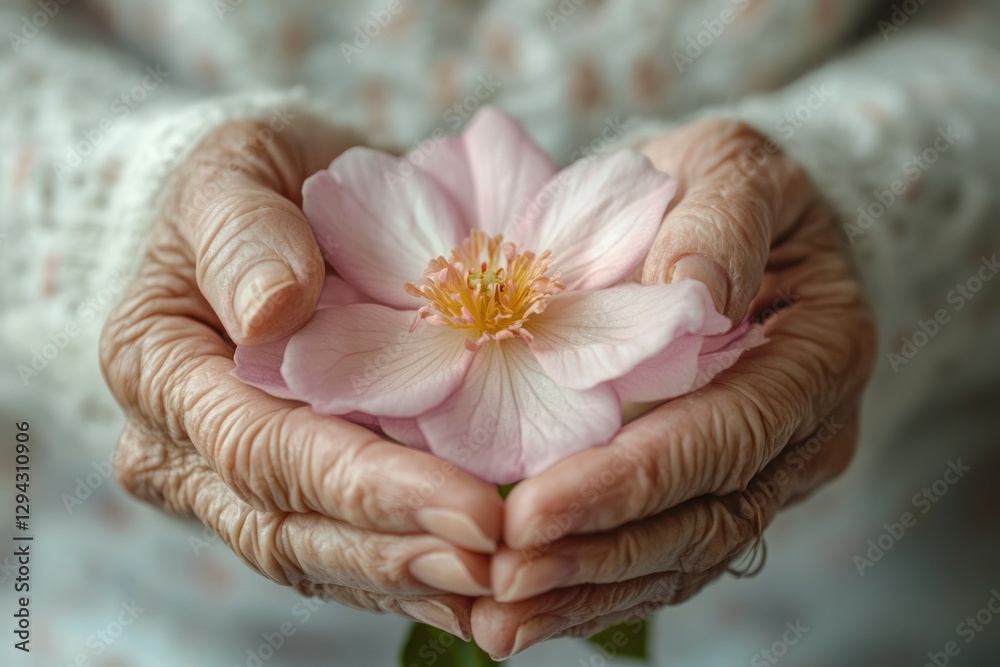 Elderly hands gently cradling a delicate pink flower, symbolizing fragility and beauty. Elderly hands gently cradling a delicate pink flower, symbolizing fragility and beauty.