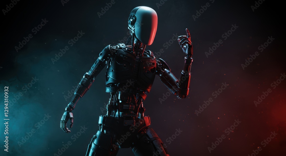Fototapeta premium Futuristic robot in dramatic lighting pointing upwards in dark atmosphere