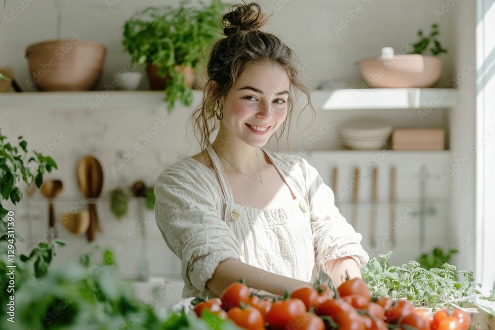A smiling woman in a kitchen apron prepares fresh tomatoes, surrounded by herbs and sunlight. A smiling woman in a kitchen apron prepares fresh tomatoes, surrounded by herbs and sunlight.