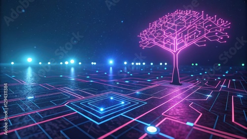Futuristic circuit tree with glowing neon pink and blue lights, symbolizing technology, AI, and digital growth. Abstract tech innovation and data network concept
